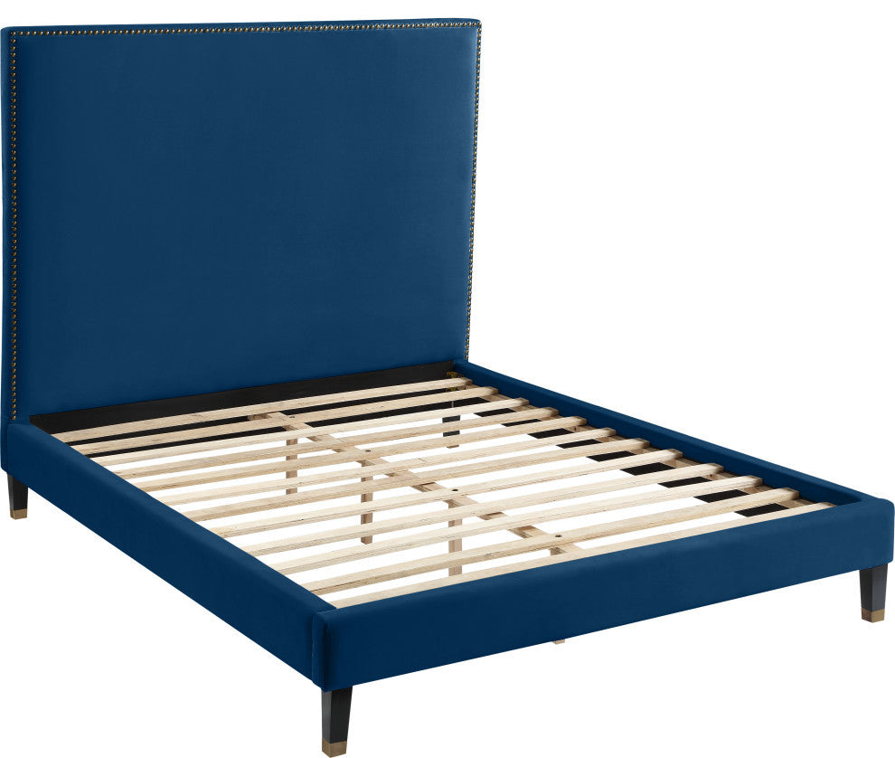 Harlie Velvet Upholstered Bed, Navy, Queen