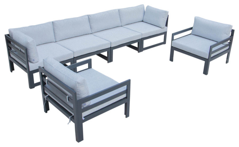 LeisureMod Chelsea 6-Piece Patio Armchair Sectional Black Aluminum, Light Gray