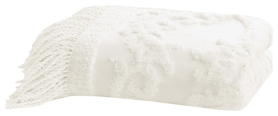 Madison Park Chloe Fringed Tufted Throw Blanket, Boho Pattern, White