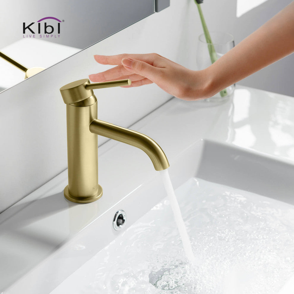 Circular Brass Single Handle Bathroom Faucet KBF1008, Brush Gold, With Drain