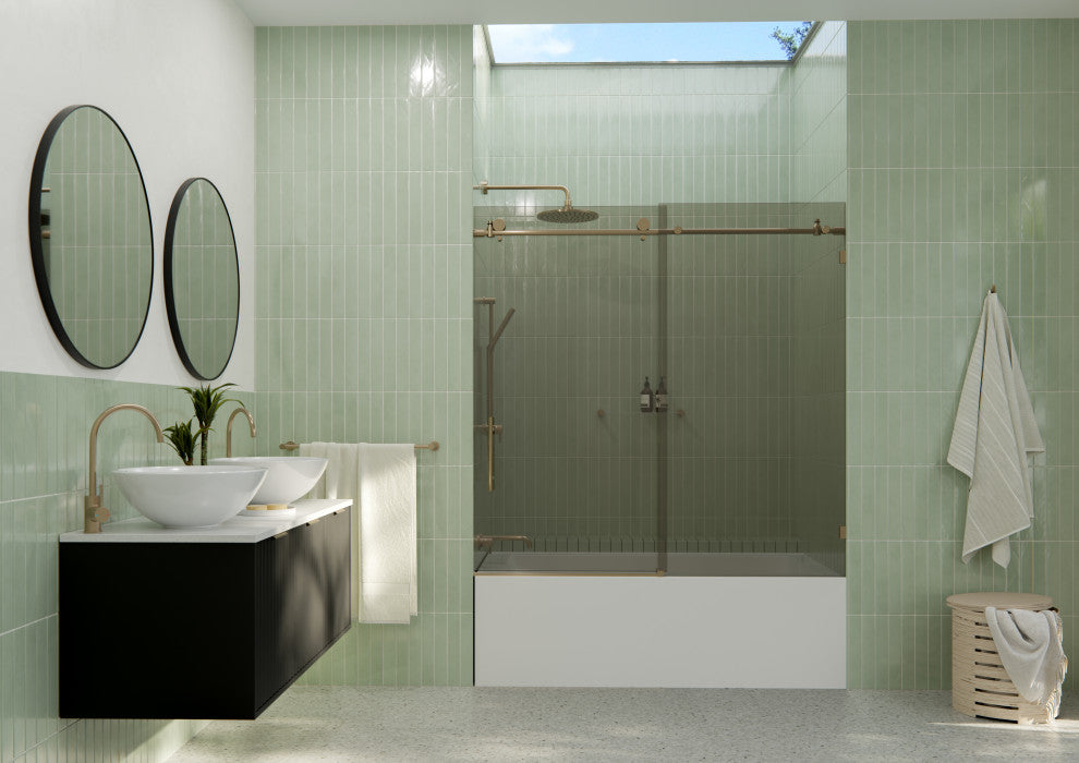Equinox 60"x60" Frameless Glass Bath Slider, Gray Tint, Brushed Bronze
