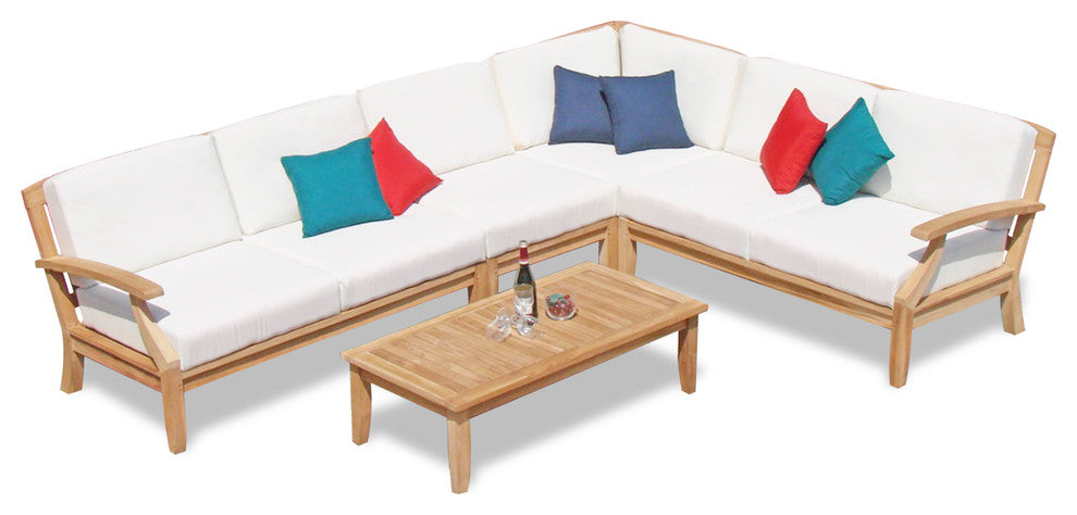5-Piece Sam Outdoor Teak Sectional Sofa Set & Sunbrella Cushions Canvas Flax