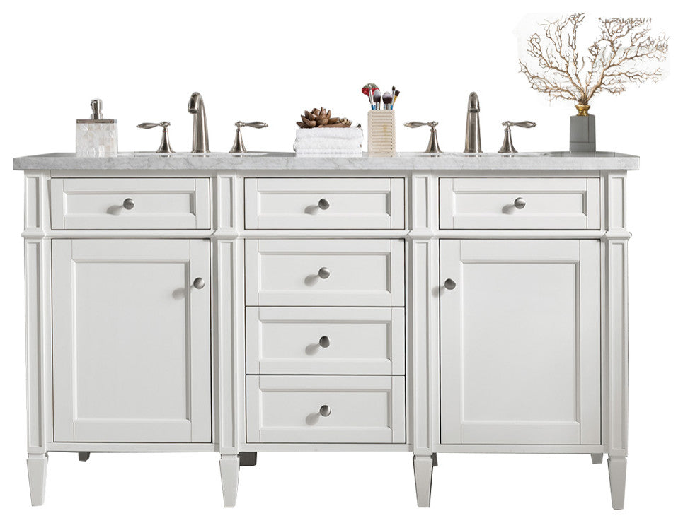 Brittany 60" Bright White Double Vanity, Arctic Fall Solid Surface Top