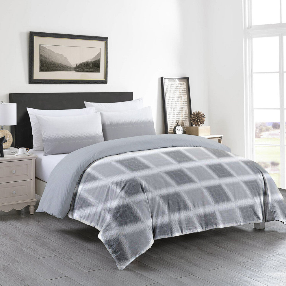 Delara GOTS Organic Cotton Check Reversible Print Duvet Cover Set, King(108"x92"