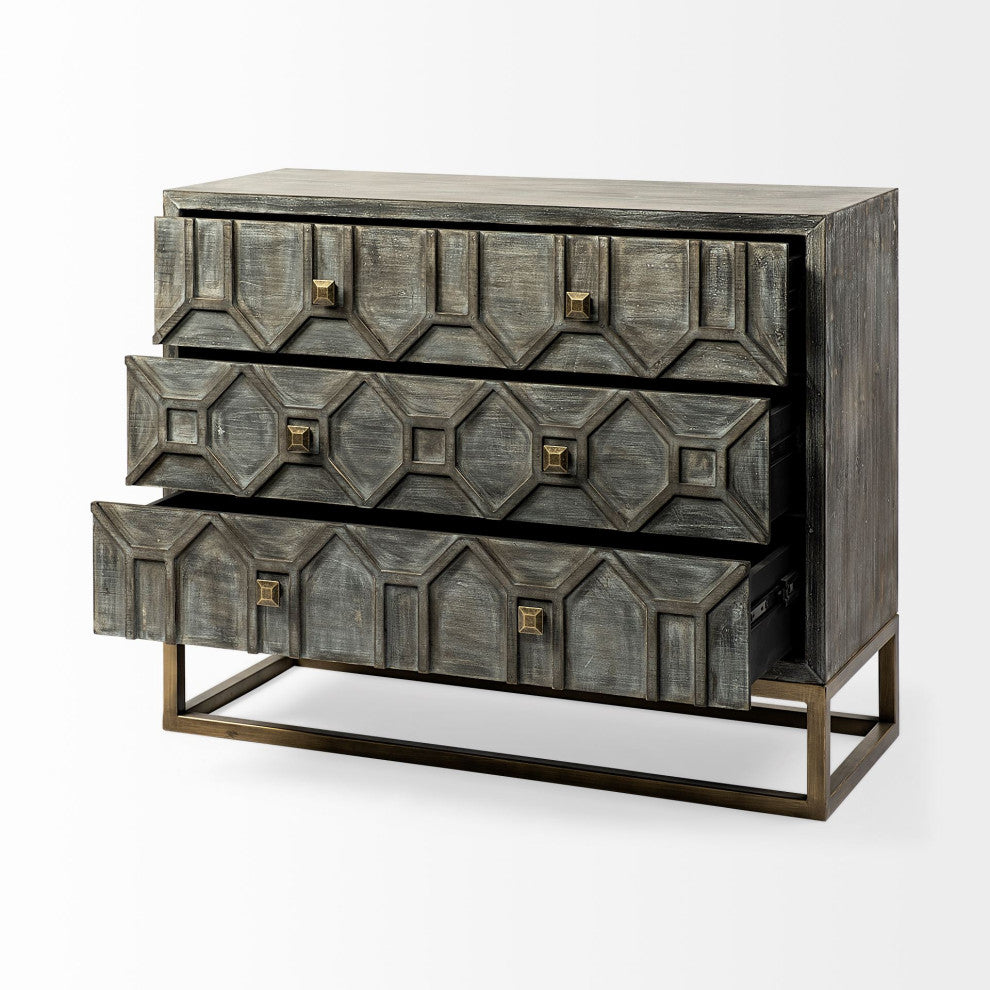 Genevieve Gray Fir Veneer With Gold Metal Frame Accent Cabinet