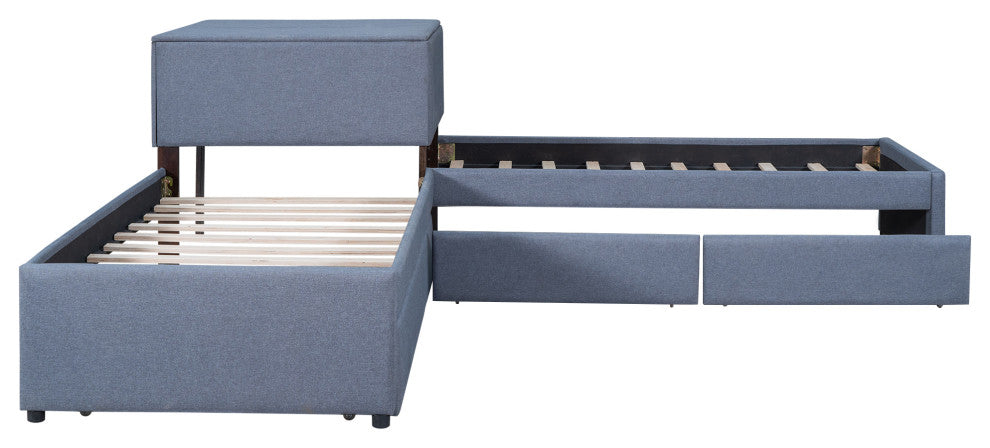 Gewnee L-shaped Platform Beds with Twin Size Trundle in Gray