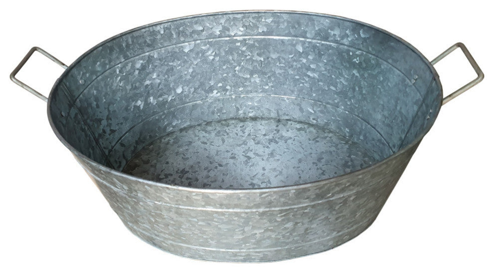 Embossed Design Oval Shape Galvanized Steel Tub with Side Handles, Small, Silver