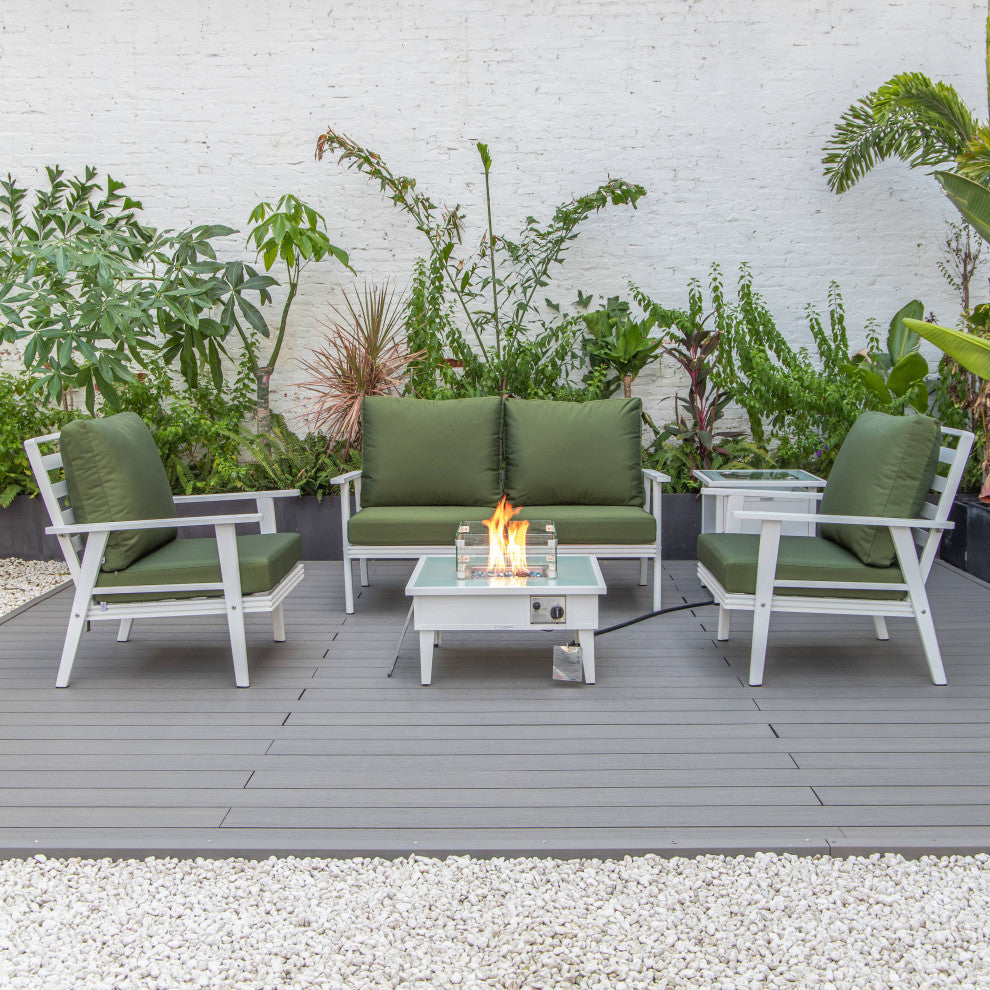 LeisureMod Walbrooke Patio Conversation Set With Fire Pit Table, Green
