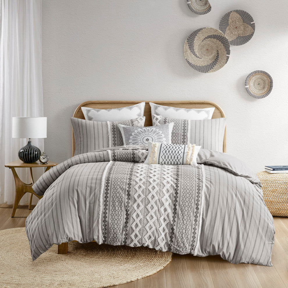 INK+IVY Imani Cotton Printed Duvet Cover Set With Chenille, Gray