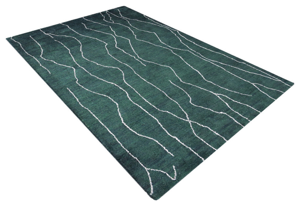 HAND KNOTTED LOOM SILK AREA RUGS-8'x10',Rectangle,Dark Green White,Contemporary