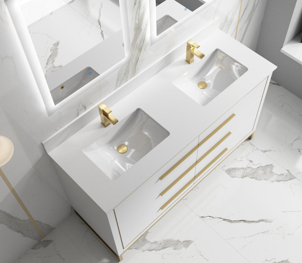 Alma Kathyia Freestanding Bath Vanity, Gold Hardware, 60" Double Sink
