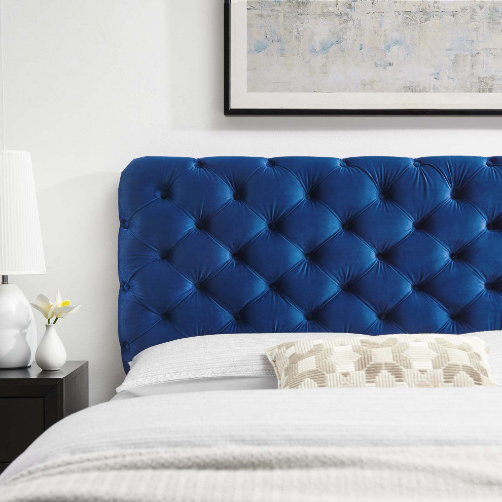 Tufted Headboard, Full Queen Size, Velvet, Blue Navy, Modern Contemporary
