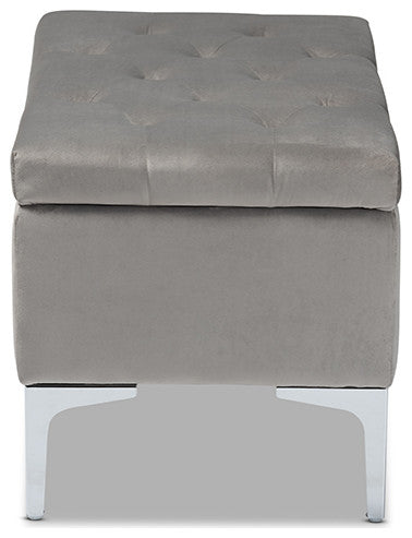 Mabel Transitional Gray Velvet Upholstered Silver Finished Storage Ottoman