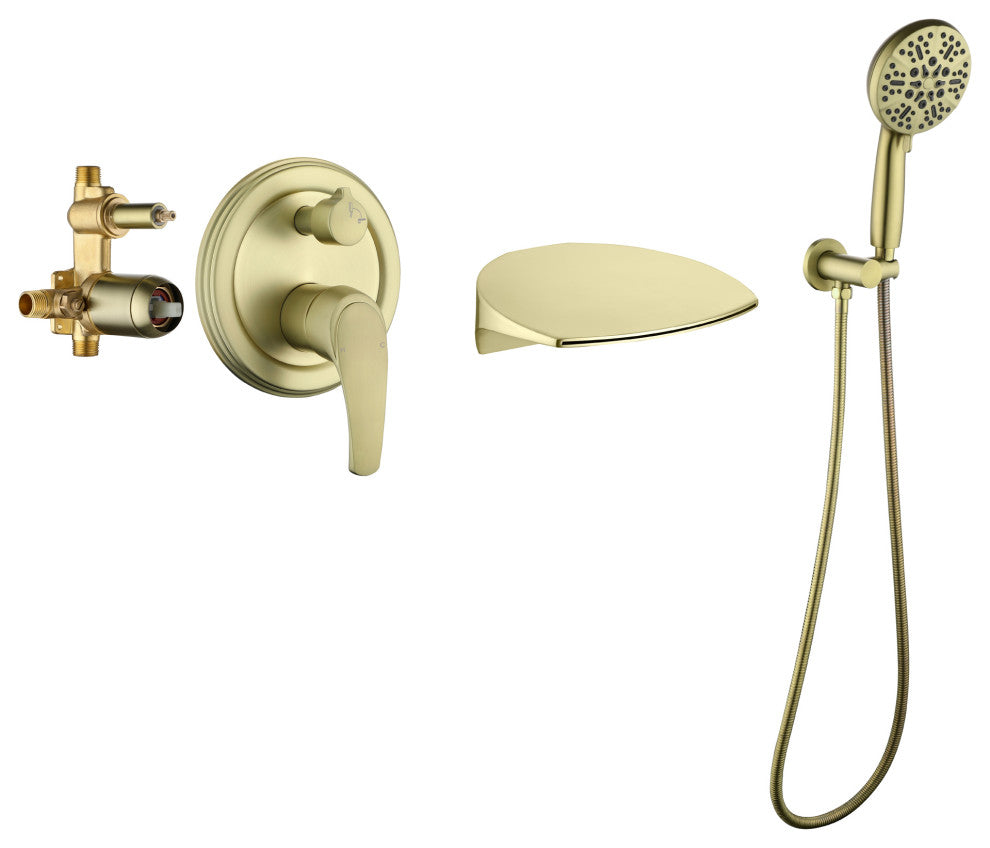 Single Handle Wall Mounted Waterfall Faucet With Handshower, Brushed Gold
