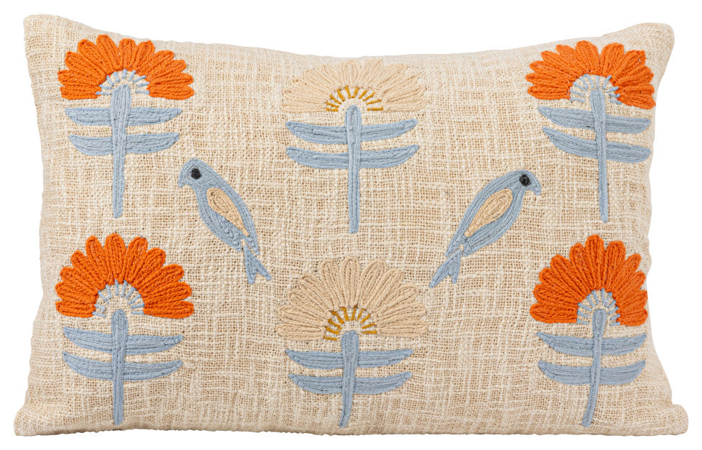 24" Woven Cotton Lumbar Pillow, Embroidered Flowers, Birds, Multicolored