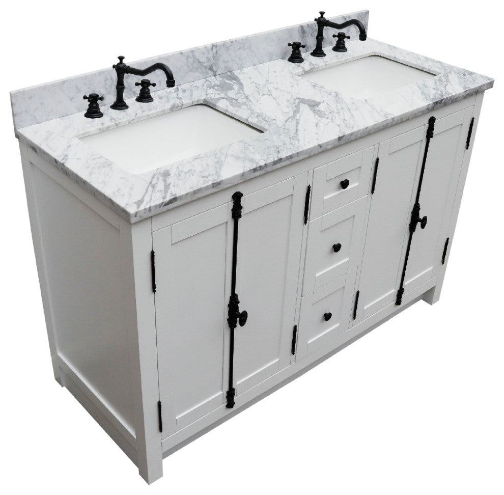 55" Double Vanity Glacier Ash With White Carrara Marble, Mirrors, Rectangle Sink