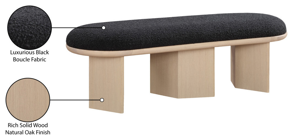 Wilshire Boucle Fabric Upholstered Bench, Black, Natural Oak Finish