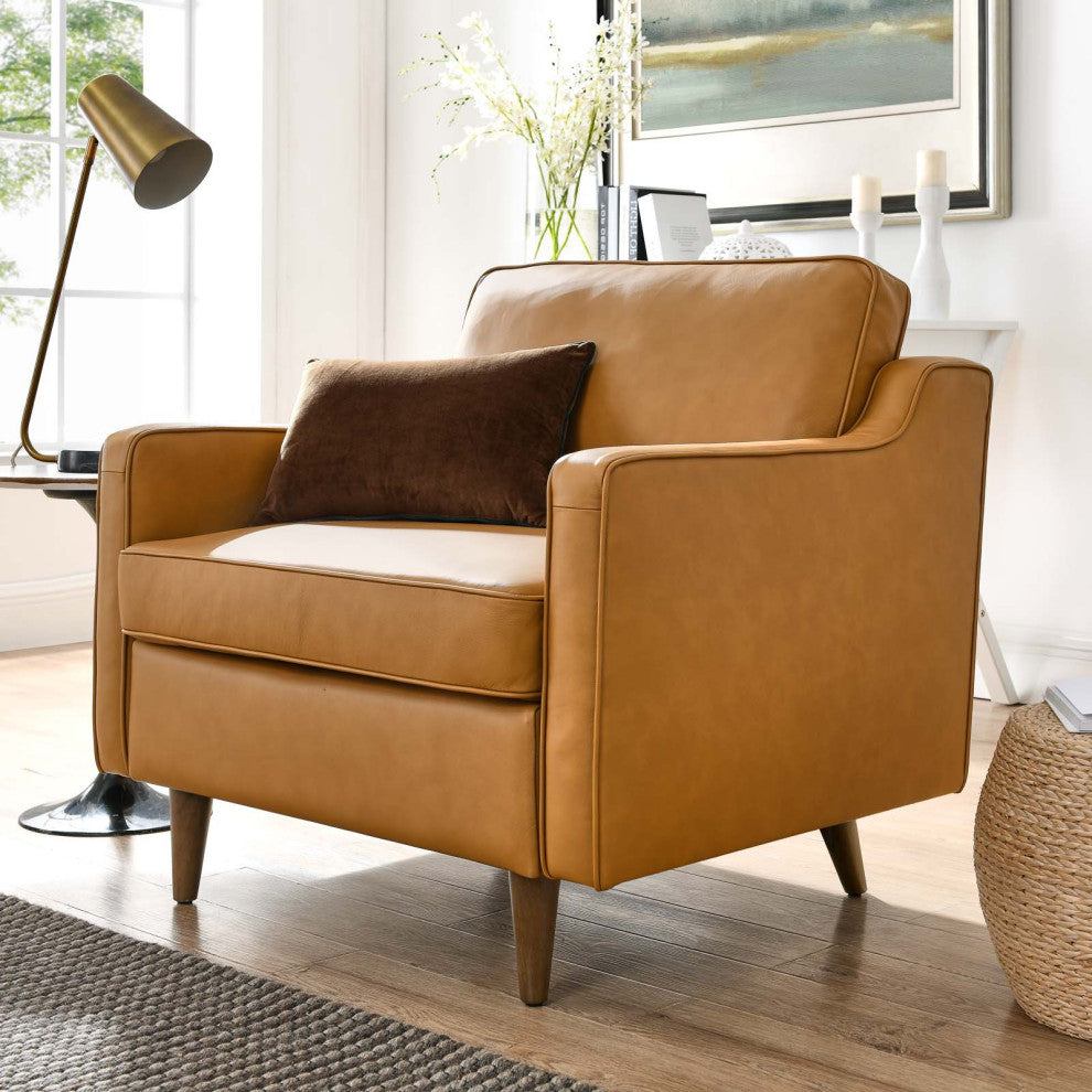 Armchair Accent Chair, Tan, Leather, French, Mid Century Hotel Lounge Cafe