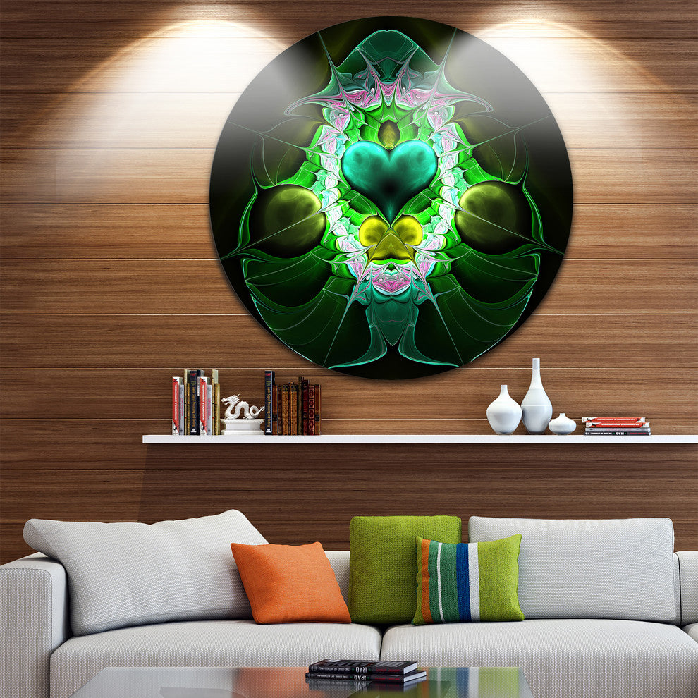 Symmetrical Fractal Heart Green, Abstract Round Wall Art, 11"
