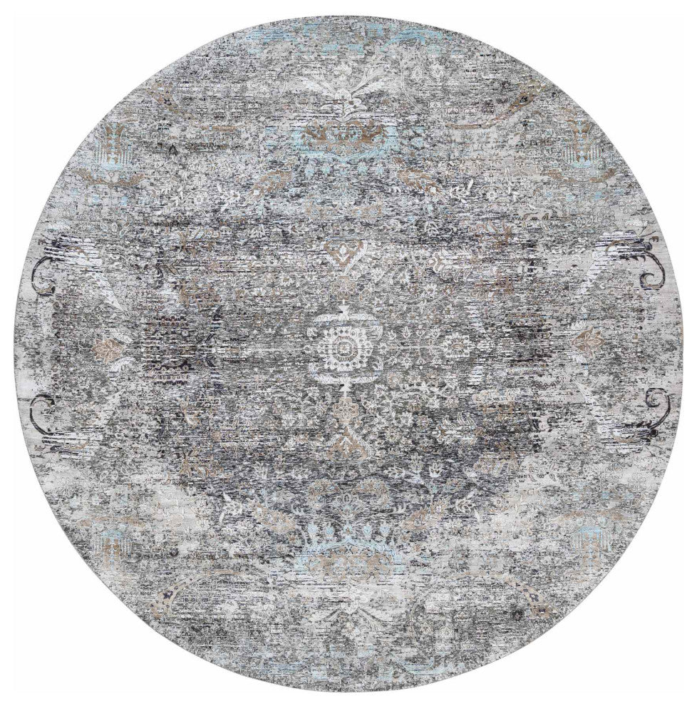 Gray, Silk with Textured Wool, Hand Knotted, Modern, Round, Rug, 11'10" x 11'10"