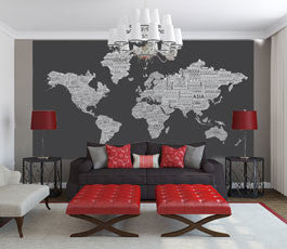 1-World Text Map Wall Mural, Inverse Grey, Wallpaper, 8 panel, 142x76"