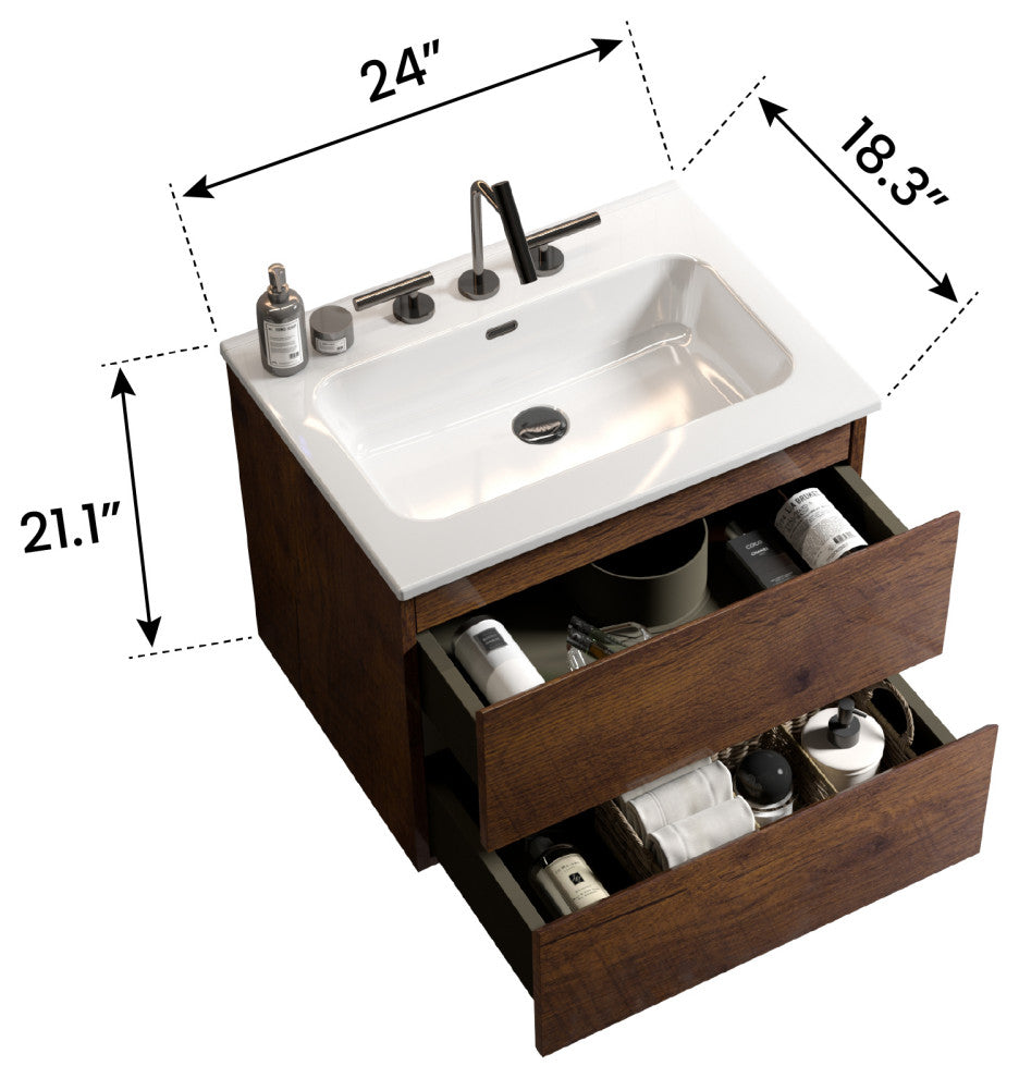 Wall-Mounted Bathroom Vanity Set with Ceramic Sink with three faucet holes, Walnut, 24"