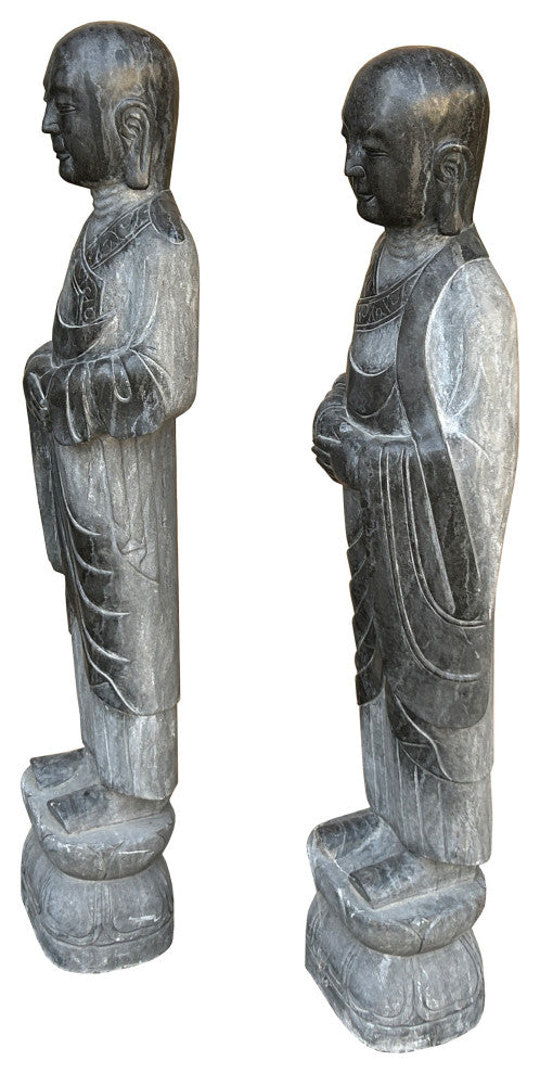Pair Black Gray Stone Carved Standing Monk Arhat Lohan Statues Hws4335P