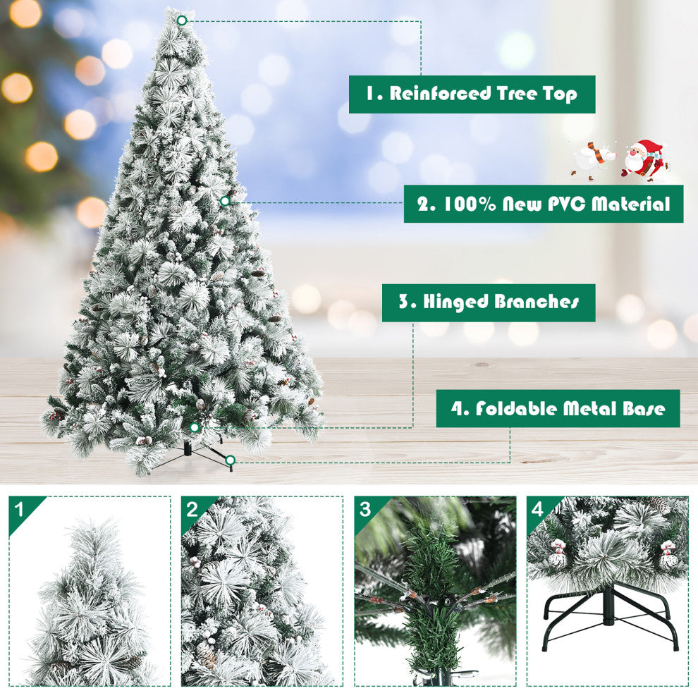 Costway 8ft Snow Flocked Christmas Tree Glitter Tips w/ Pine Cone & Red Berries