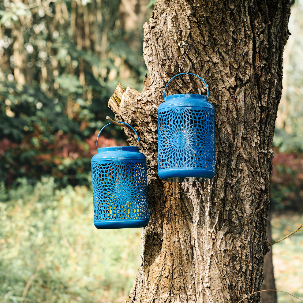 Metal Cutout Solar Powered Hanging Lantern, 2-Piece Set