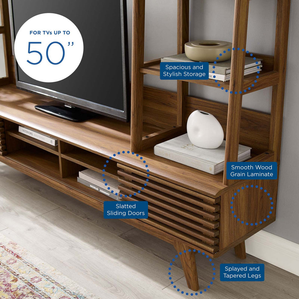 Media TV Stand Console Table, Wood, Brown Walnut, Modern, Lounge Hospitality