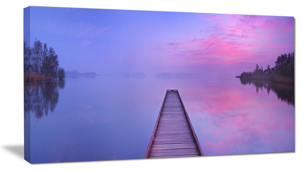 "Jetty in A Dawn Lake" Wooden Sea Bridge Canvas Wall Art, 1 Panel, 60"x28"