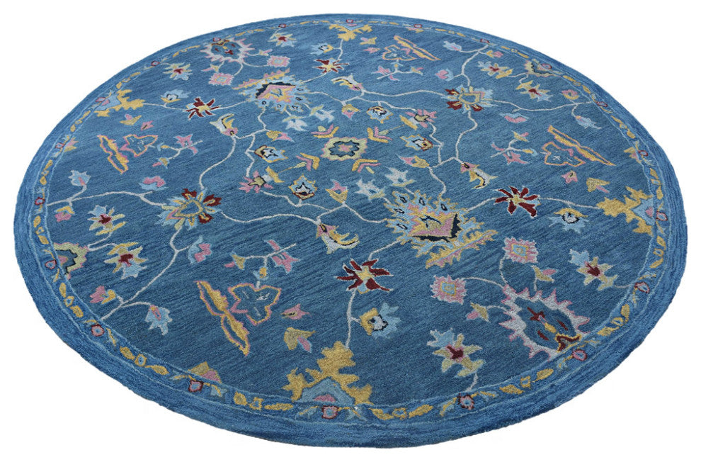HAND TUFTED WOOL ECO-FRIENDLY AREA RUGS - Round,Light Blue,Floral