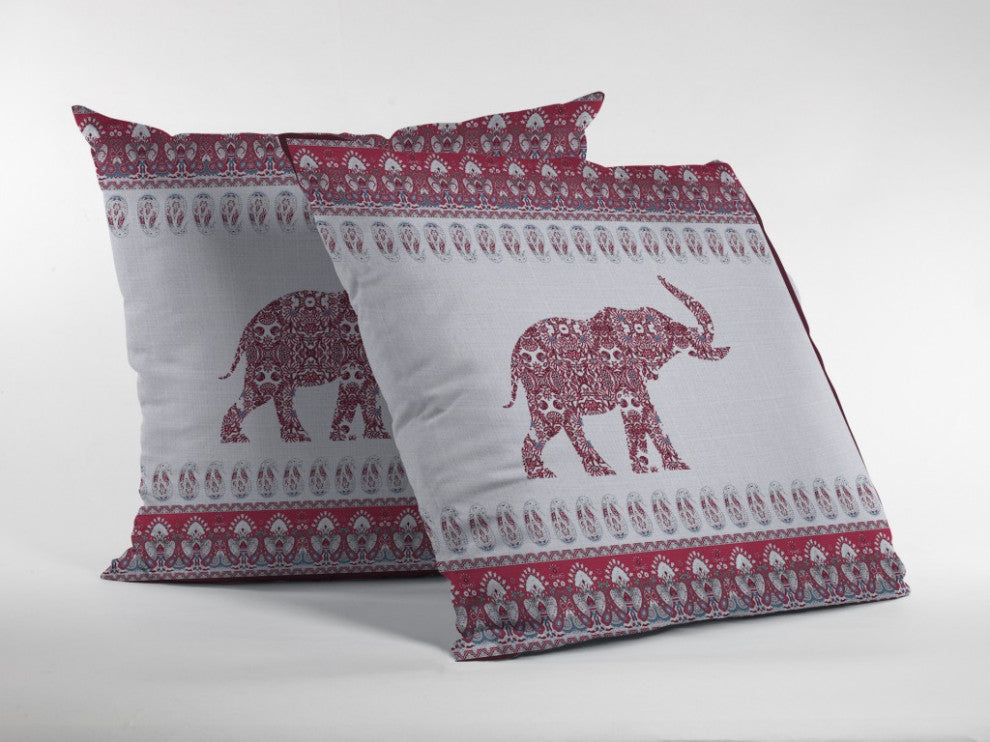 16" Red White Ornate Elephant Zippered Suede Throw Pillow