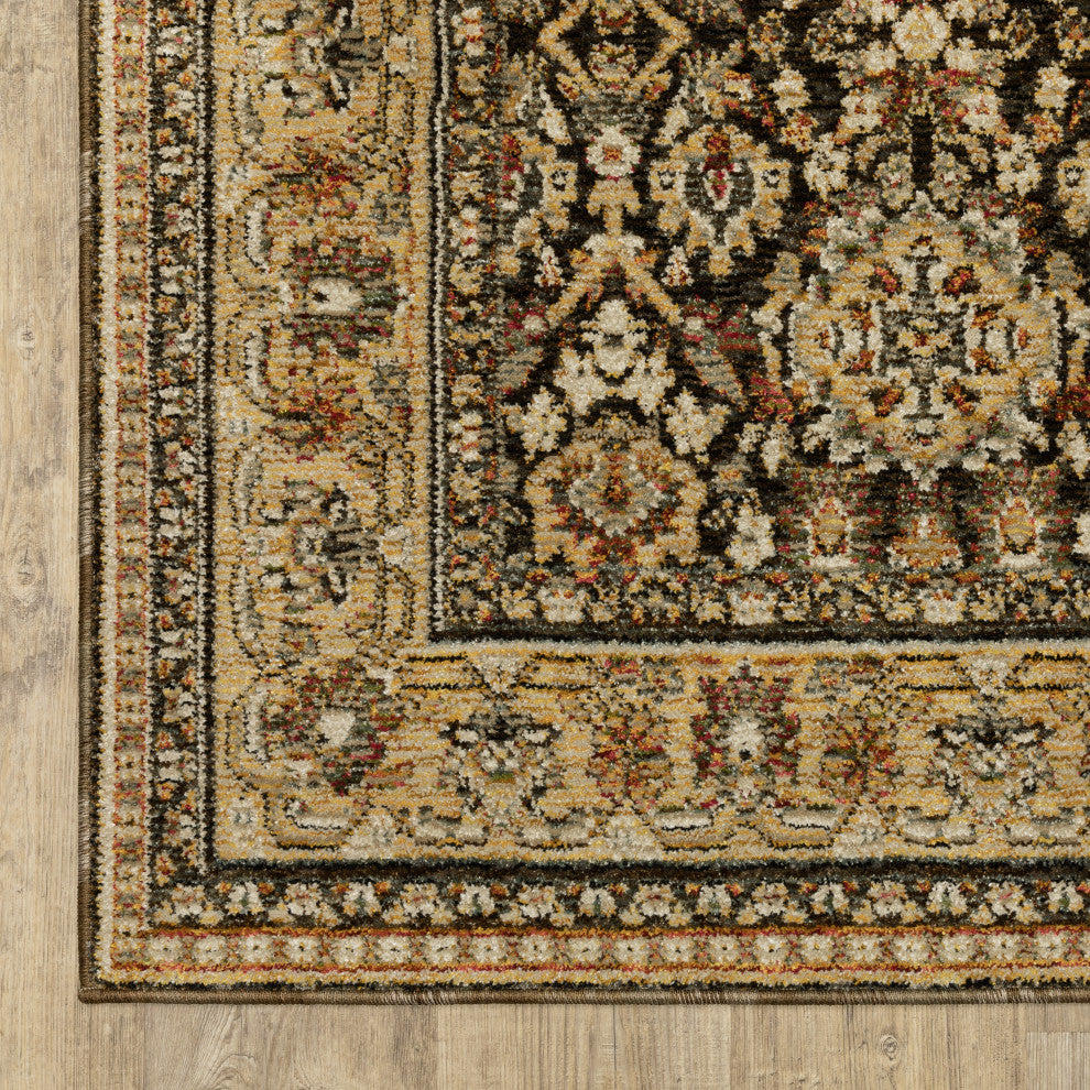 Adeline Bordered Traditional Brown/ Gold Area Rug Runner 2'6" x 12'
