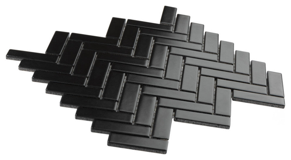 Metro Brick Herringbone Matte Black Porcelain Floor and Wall Tile