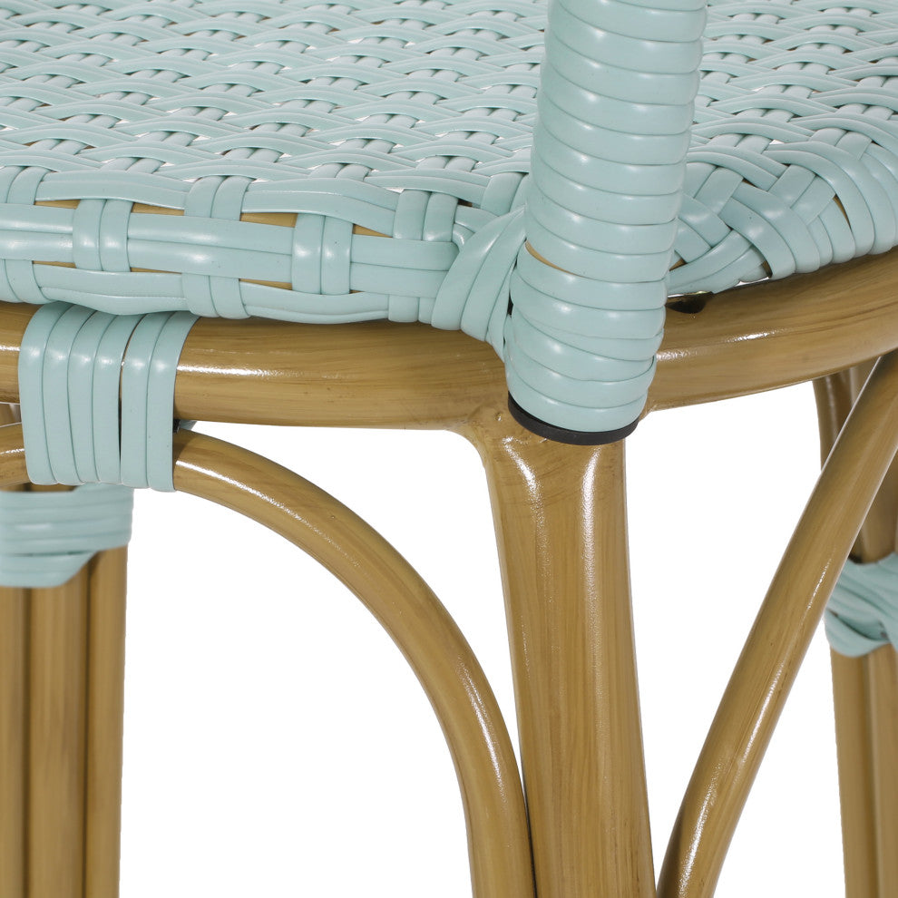 Cotterell Outdoor French Wicker and Aluminum 29.5" Barstools, Set of 4, Light Teal/Bamboo Finish