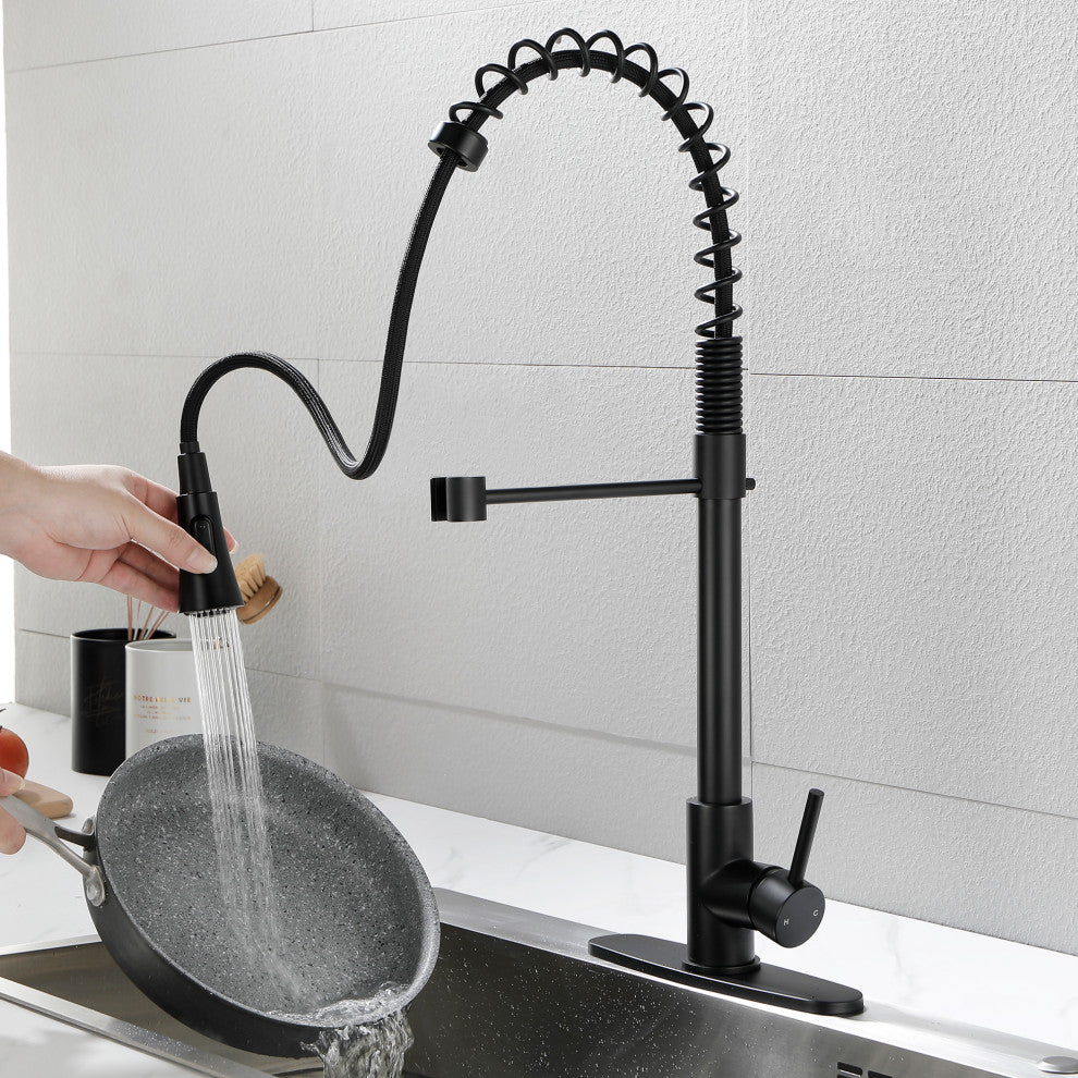 Wellfor Stainless Steel Pull Down Kitchen Faucet With Deck Plate, Matte Black