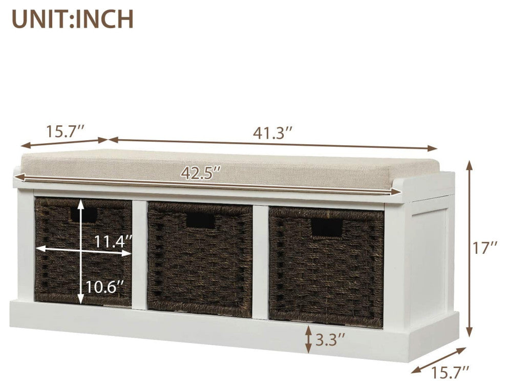 Entryway Rustic Storage Bench with 3 Removable Basket and Cushion