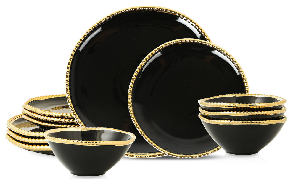 Christian Siriano Akoya Porcelain 24-Piece Dinnerware Set, Black