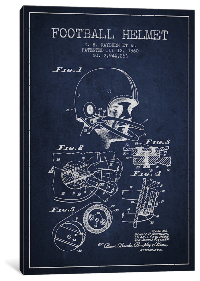"Football Helmet Navy Blue Patent Blueprint" Wrapped Canvas Print, 26x18x1.5