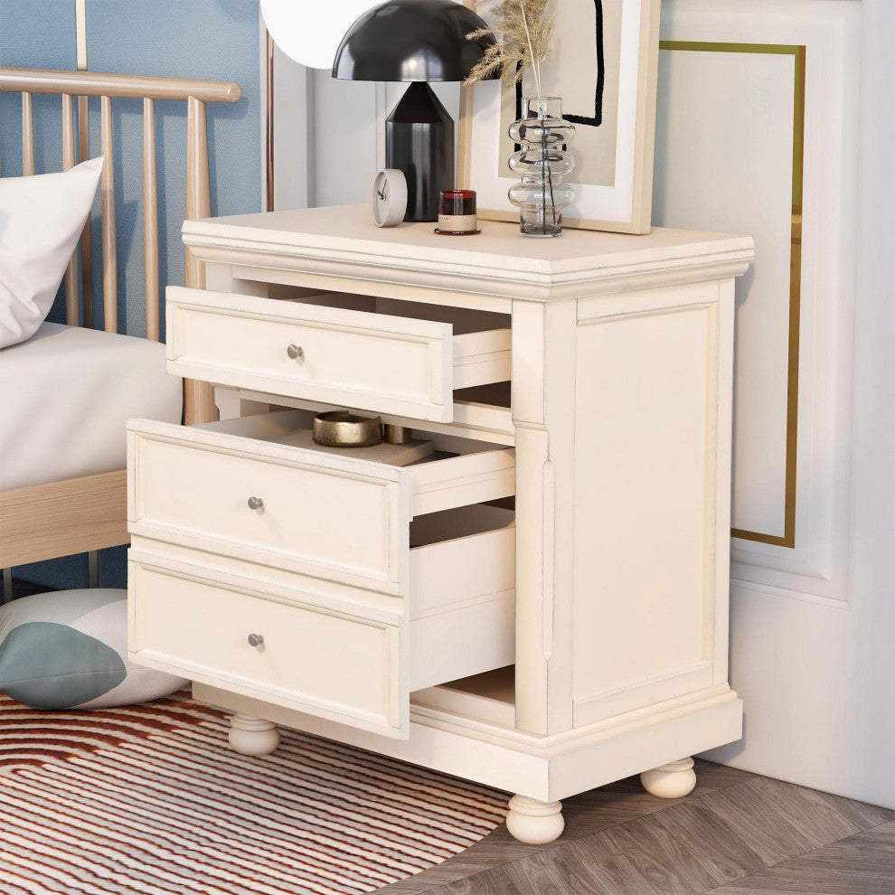 3-Drawer Wood Nightstand, Cream White, 30'' Tall
