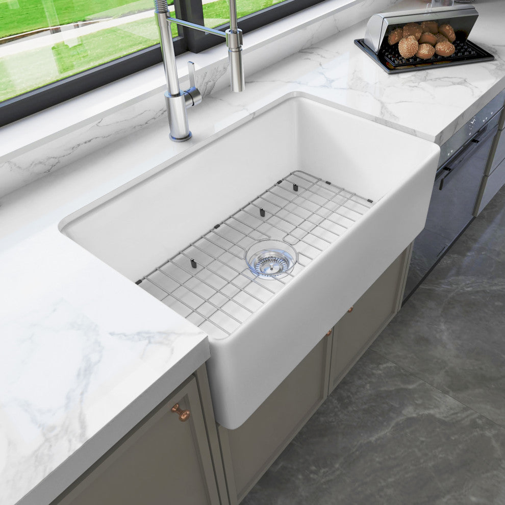 Sinber Farmhouse Apron Single Bowl Kitchen Sink with Fireclay 2 Accessories, White, 30" X 18"