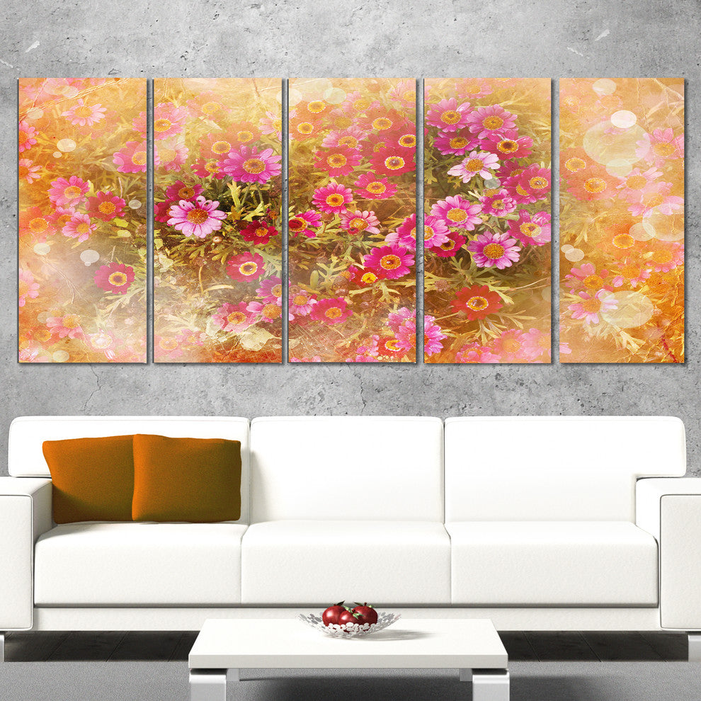 Spring Background with Little Flowers, Floral Canvas Artwork, 60"x28", 5 Panels