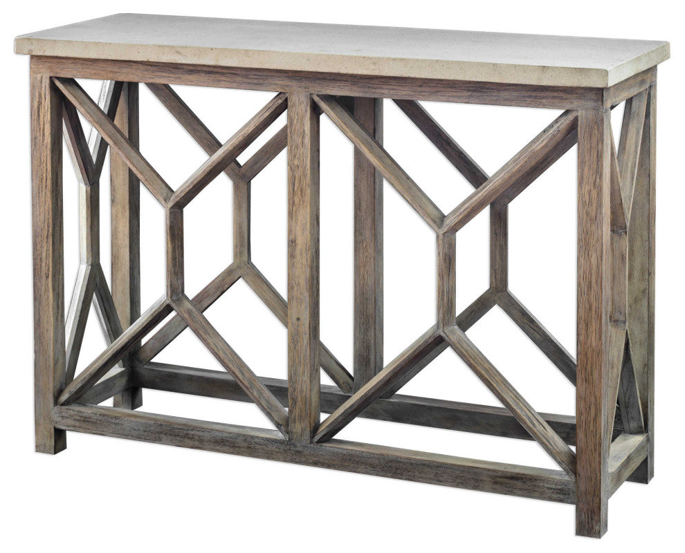 Open Light Weathered Wood Console Table, Stone Top X Natural