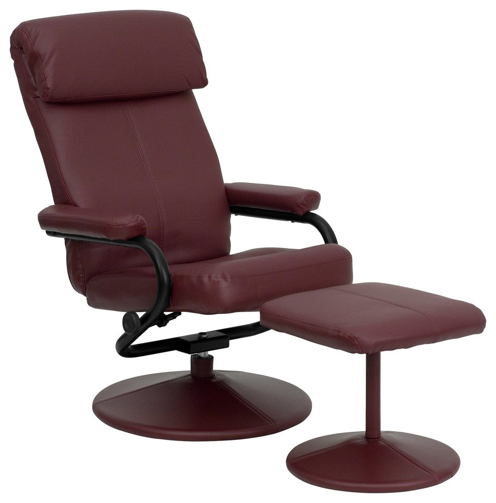 Burgundy Leather Recliner and Ottoman With Leather Wrapped Base