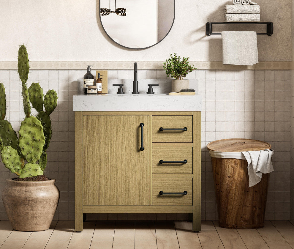 Home Living 32" Single Bathroom Vanity, Honey Brown With Backsplash