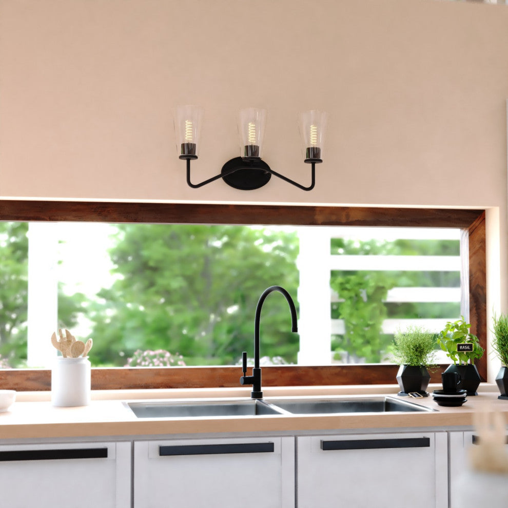 Beverly 3 Light Matte Black Bathroom Vanity Fixture Clear Glass, LED Compatible