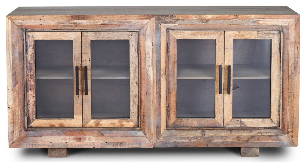 Hughes Sideboard Natural Finish On Reclaimed Wood With Plain Glass 4 Door