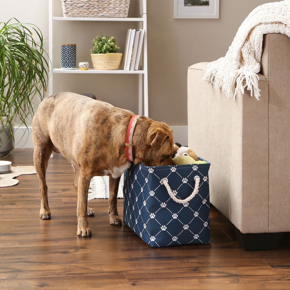 Polyester Pet Bin Trellis Paw Navy Rectangle Medium