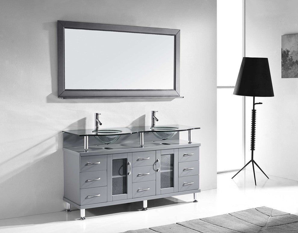 59" Double Bathroom Vanity, Gray, Clear Tempered Glass, Polished Chrome